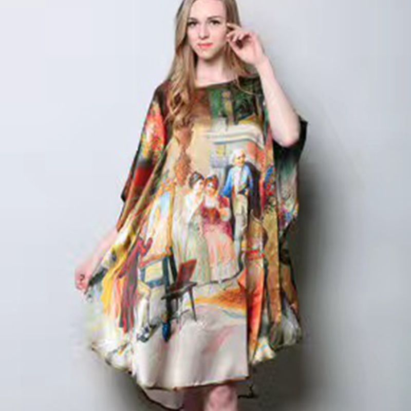 Inkjet Bat Shirt Women's Spring And Summer Home Service New Style Silk Silk Pajamas Nightdress Loose