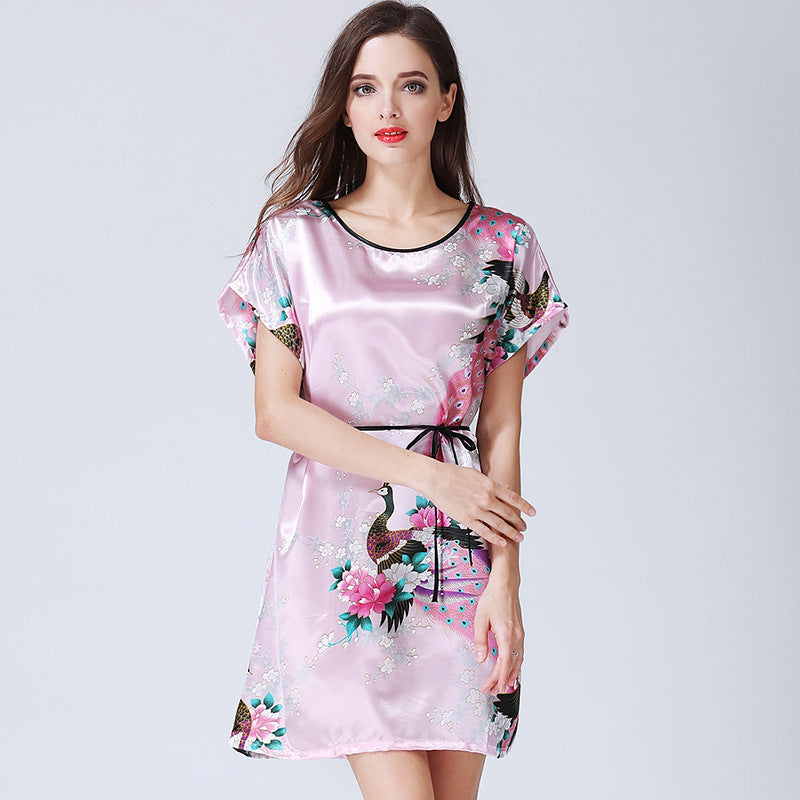 Imitation Silk Nightdress Round Neck And Thin Belt Women's Silk Pajamas
