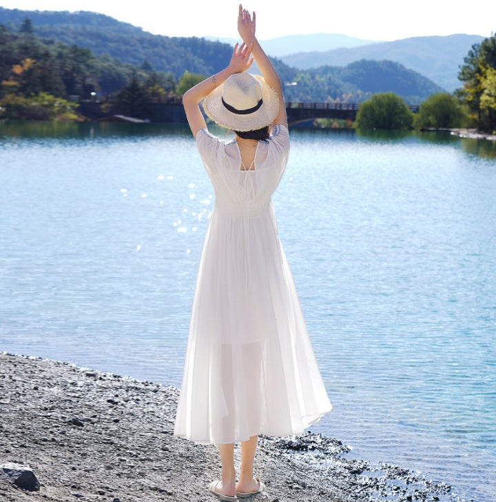 Temperament Solid Color Waist Silk Long Dress