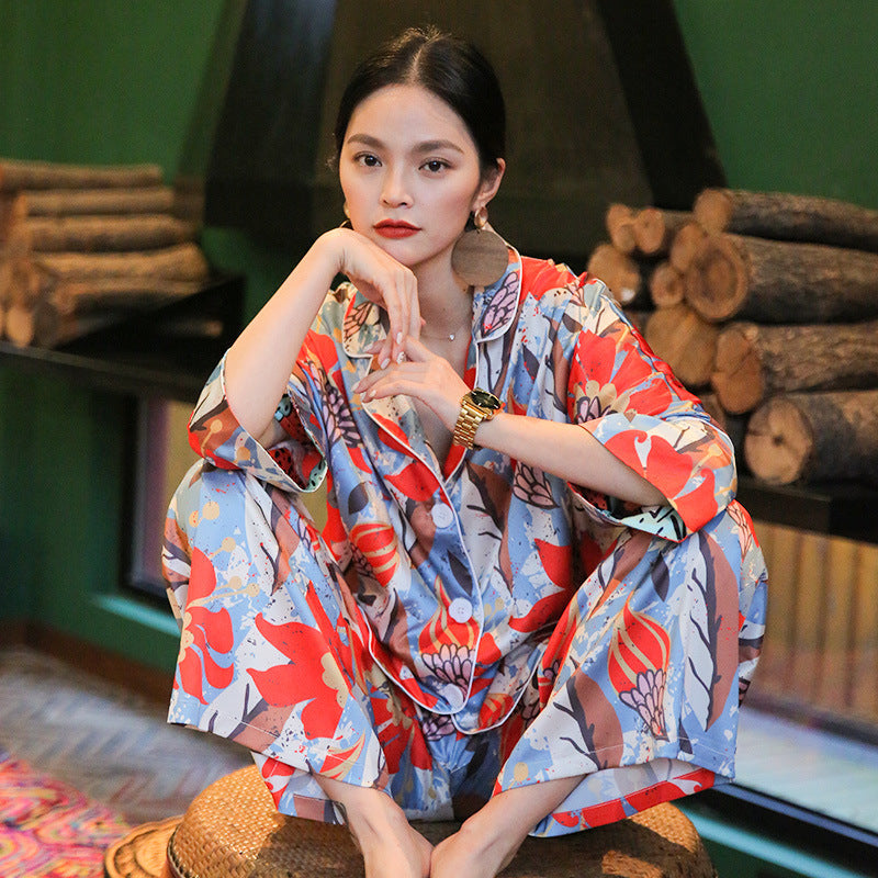 Printed Two-Piece Outerwear Loose Simulated Silk Homewear Set