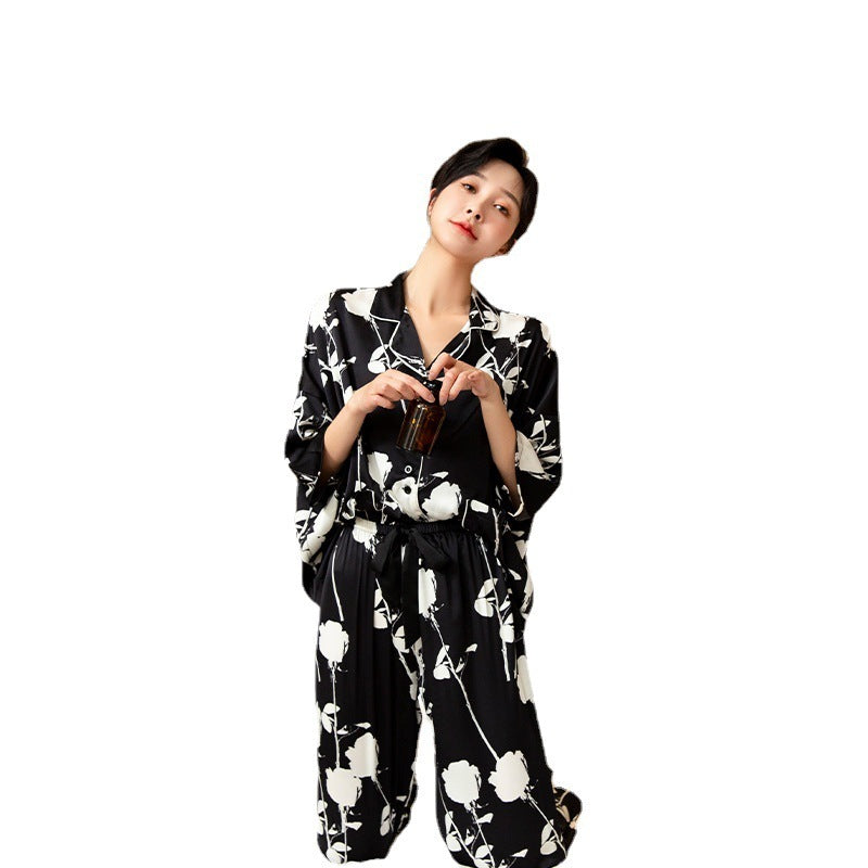 Women's New Ice Silk Mid Sleeve Rose Print Suit