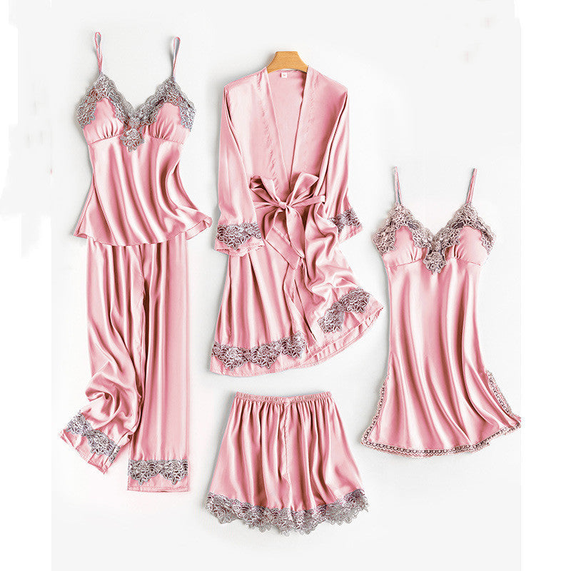 Ice Silk Thin Sling Nightdress Nightgown Five-piece Home Service