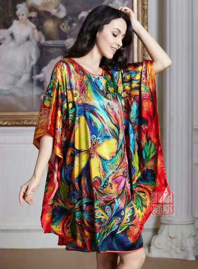 Inkjet Bat Shirt Women's Spring And Summer Home Service New Style Silk Silk Pajamas Nightdress Loose