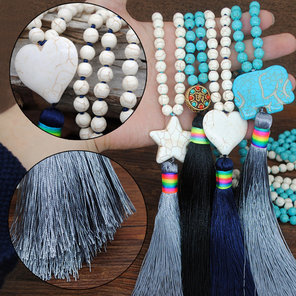 Bohemian Folk Art Antique Turquoise Silk Thread Tassel Necklace