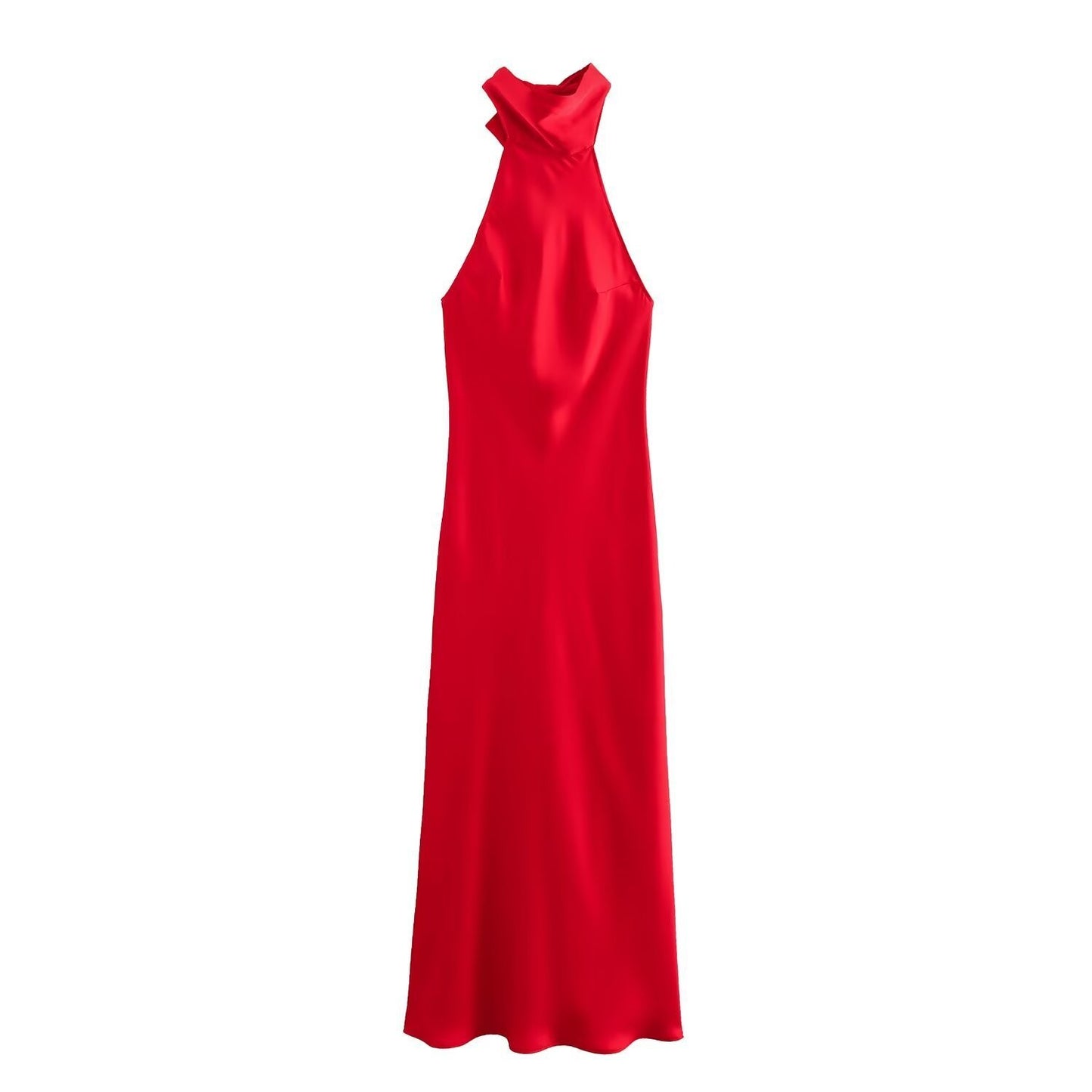 European And American Style Hanging Collar Silk Satin Texture Backless Dress