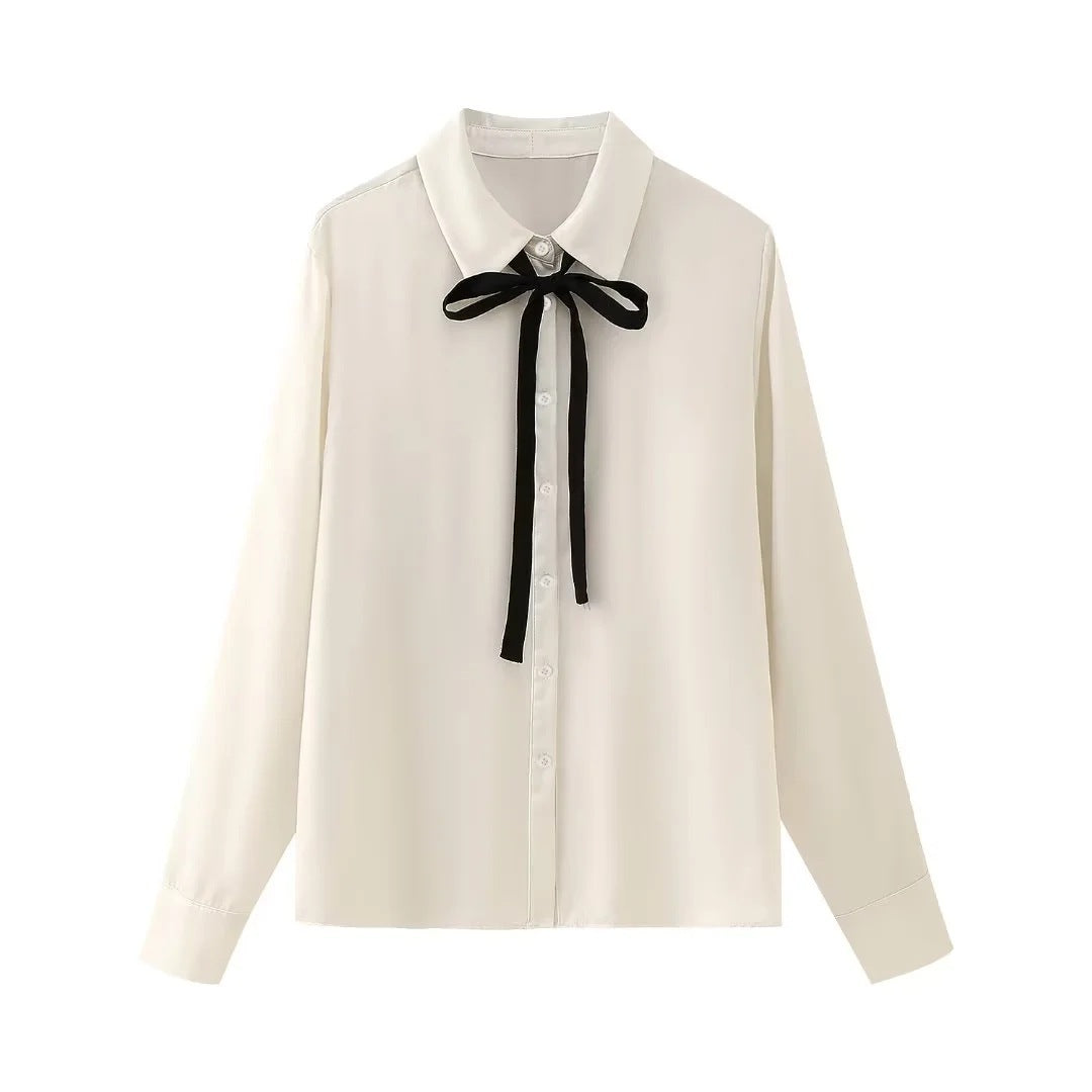 Bowknot Decoration Silk Satin Textured Shirt