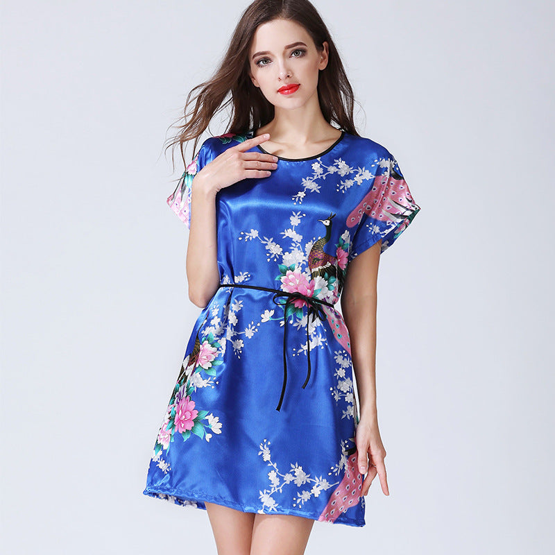 Imitation Silk Nightdress Round Neck And Thin Belt Women's Silk Pajamas