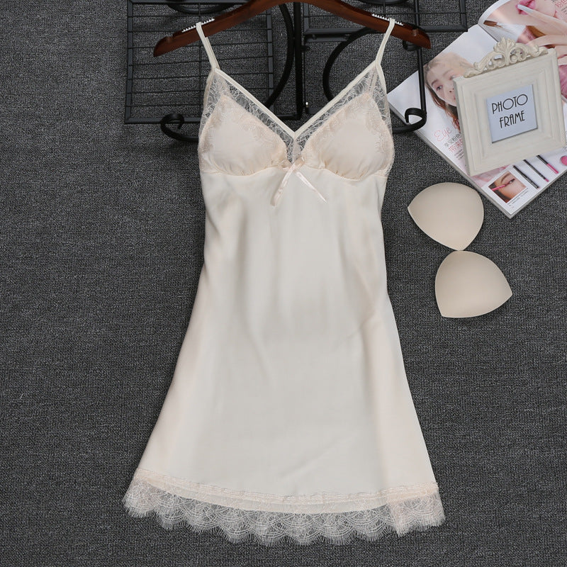 Ice Silk Sling Nightdress Solid Color With Chest Pad