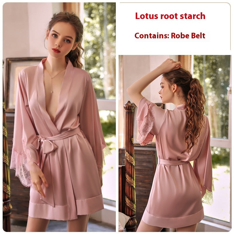 Silk Cuff Stitching Lace Lace-up Nightgown