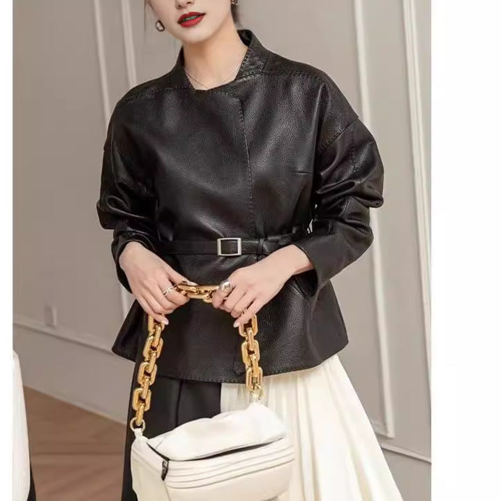 Hong Kong Retro Classic Style Leather Coat Women's Short