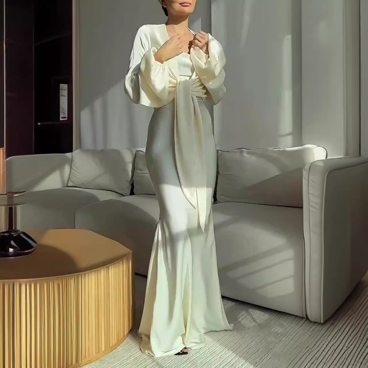 Ice Silk Sling Dress Long Sleeve Cardigan Jacket Suit