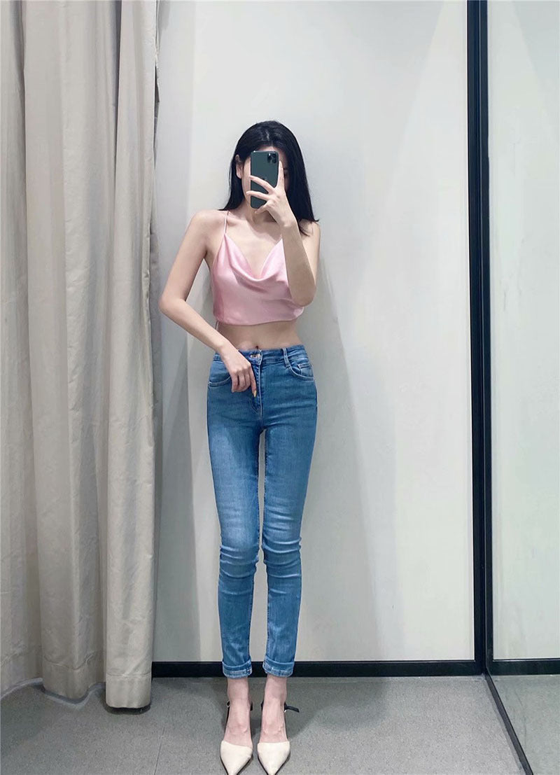 Women's French Style Silk Satin Textured Short Top