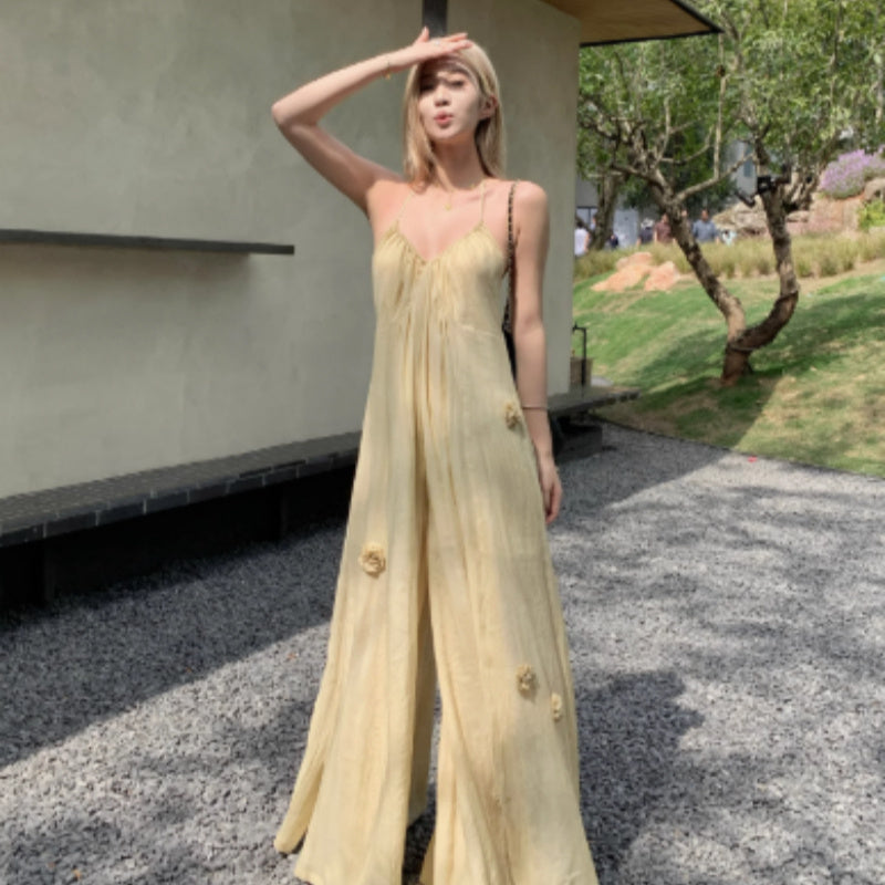 Summer New Pure Color Cool Beauty Three-dimensional Flower Decorative Sling Dress Yunnan Tourism Vacation Skirt