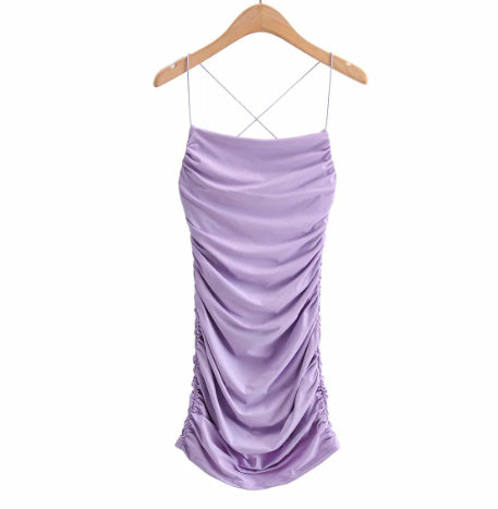 Women's Fashion Pleated Embellished Silk Satin Textured Dress