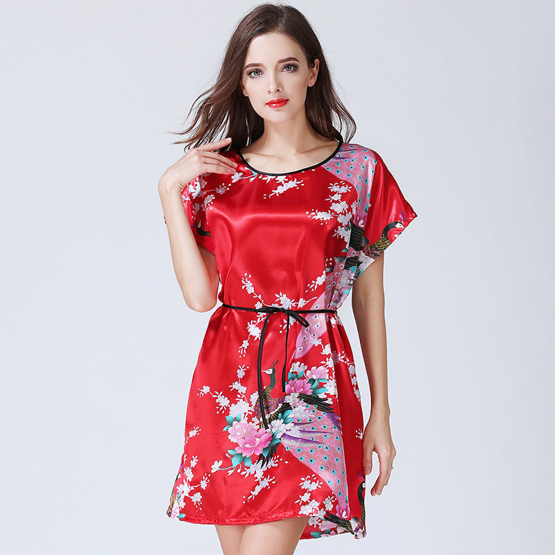 Imitation Silk Nightdress Round Neck And Thin Belt Women's Silk Pajamas