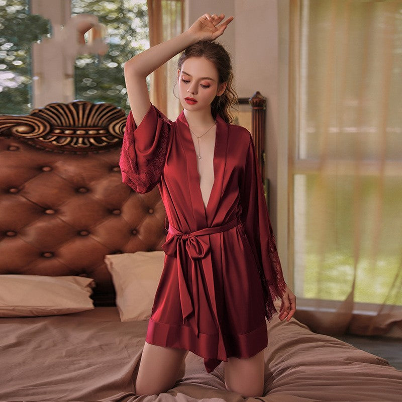Silk Cuff Stitching Lace Lace-up Nightgown
