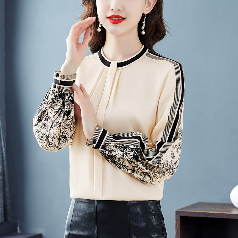 Women's Spring Clothing Versatile Slimming Temperament Printed Mulberry Silk Satin Shirt Long Sleeve