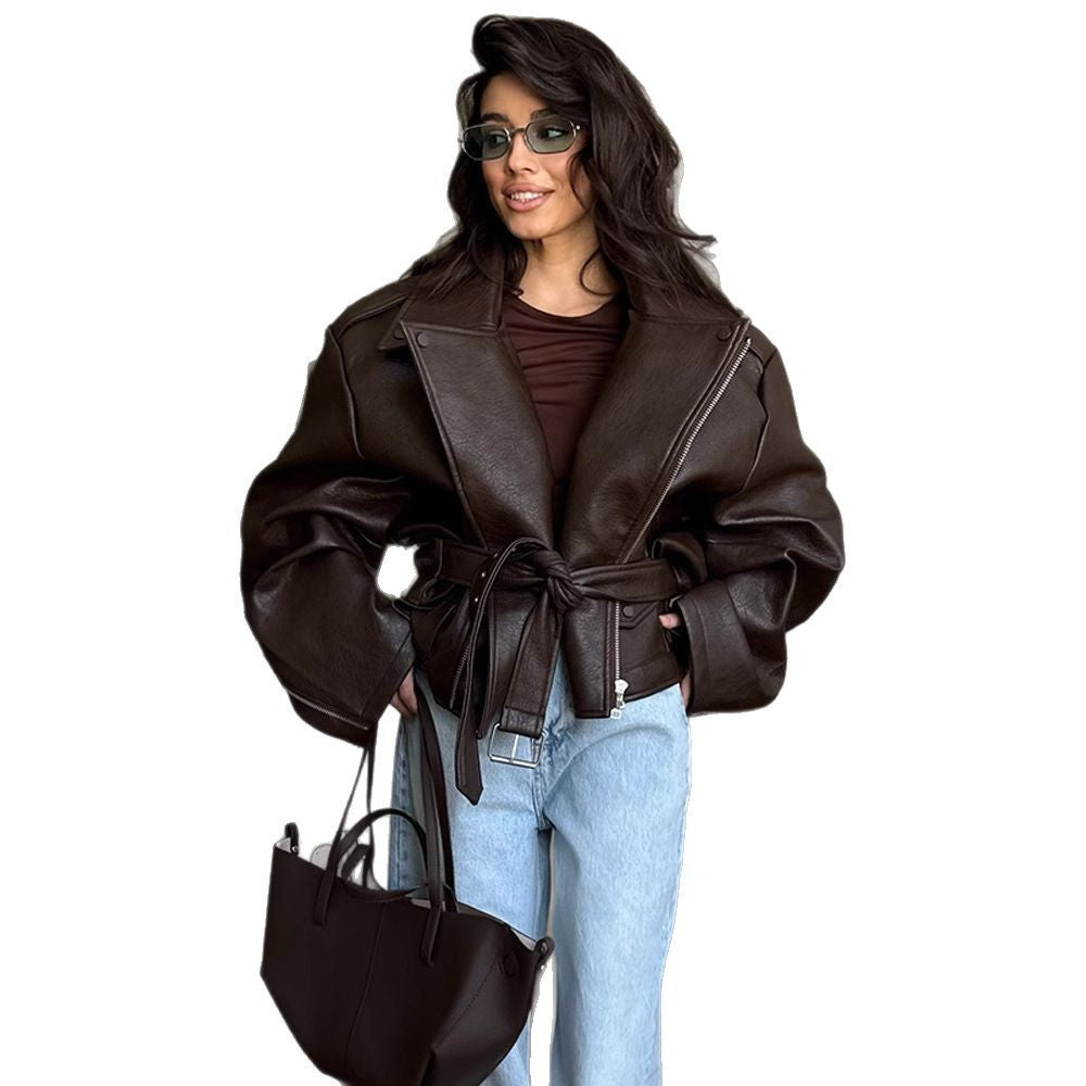 GraceLuxe™ Lace-Up Leather Coat