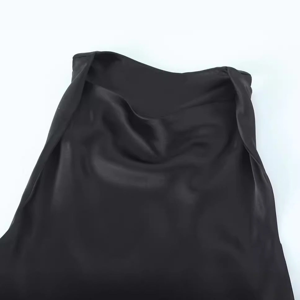 Women's Fashion Sleeveless Pleated Waist Tight Silk Satin Dress