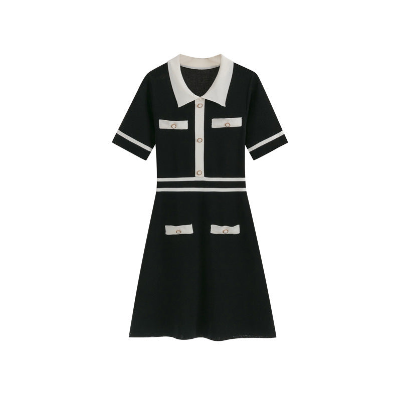 Classic Style Short Sleeve Slimming High Waist A- Line Ice Silk Dress