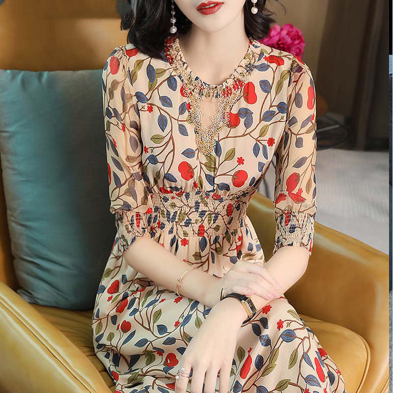 Mid-length Silkworm Silk Dress With Waist Printing