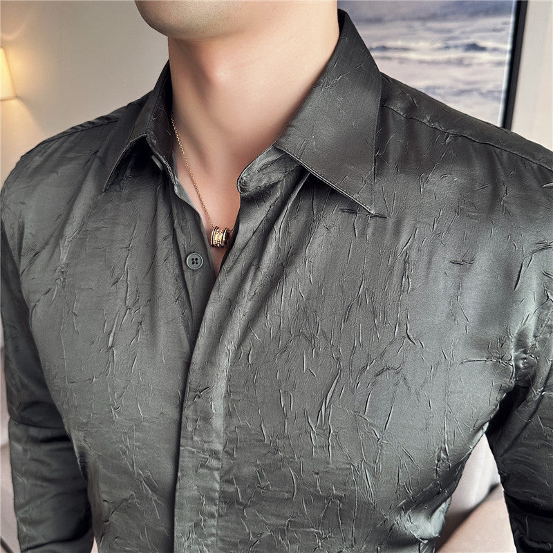 Design Men's Ice Silk Thin Large Texture Long Sleeve Shirt