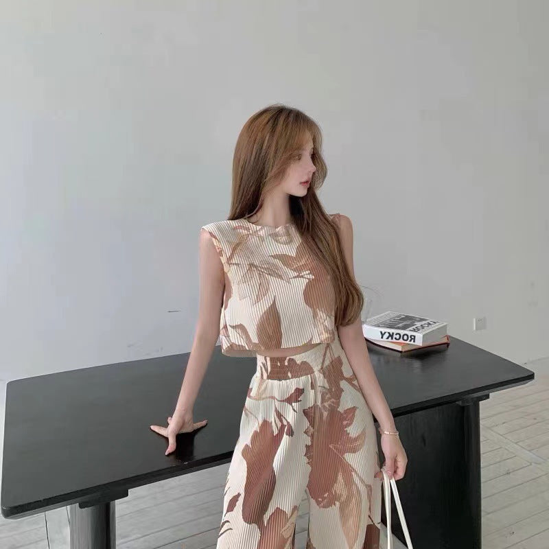 Ice Silk Thread T-Shirt High Waist Wide Leg Suit