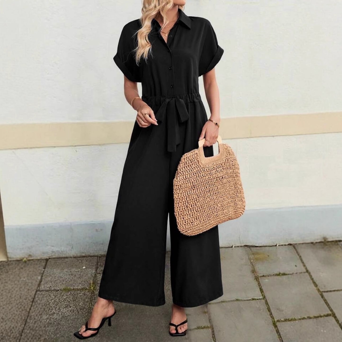 LuxeEase Lace-Up Polo Jumpsuit
