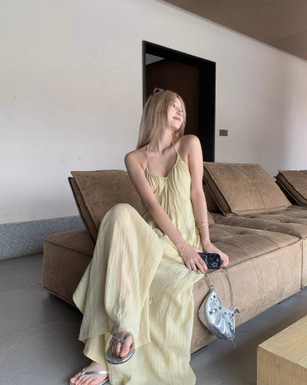 Summer New Pure Color Cool Beauty Three-dimensional Flower Decorative Sling Dress Yunnan Tourism Vacation Skirt