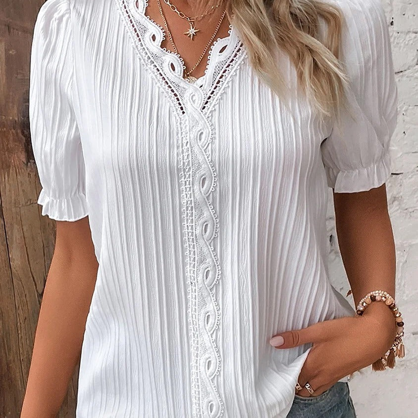 Summer New Vacation Fashion Hollow Short Sleeve Women's Shirt
