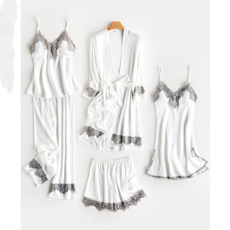 Ice Silk Thin Sling Nightdress Nightgown Five-piece Home Service