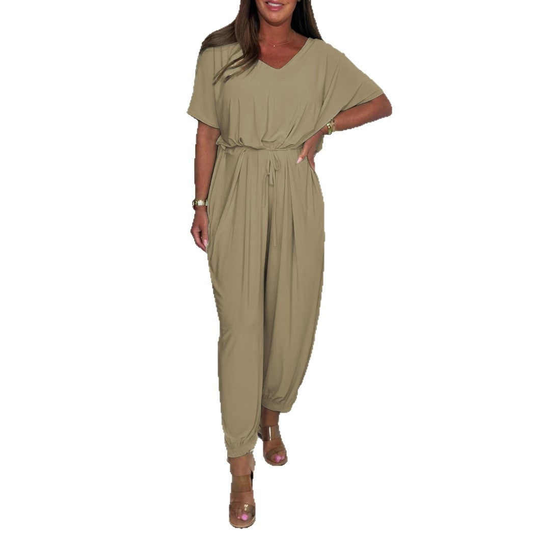 V-neck Jumpsuit Lace-up Waist Loose Solid Color Suit