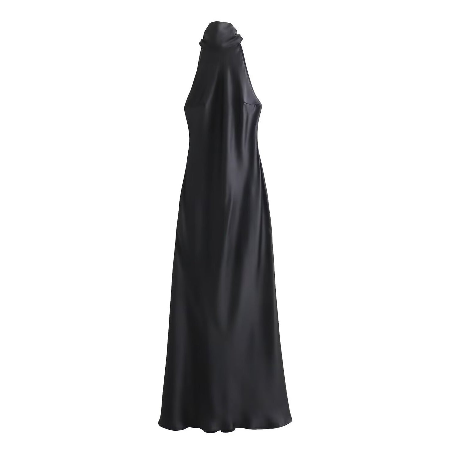 European And American Style Hanging Collar Silk Satin Texture Backless Dress