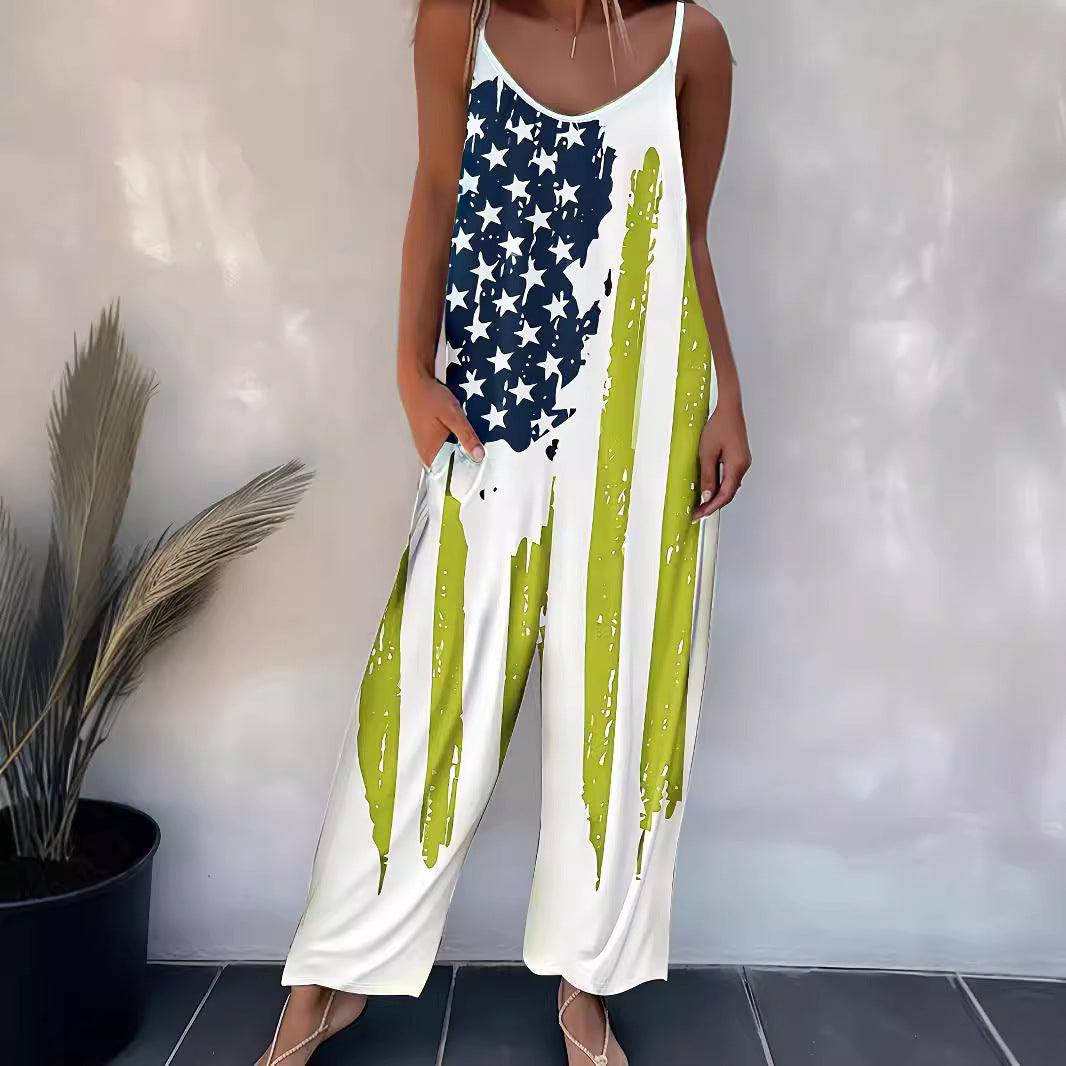 ViviChic™ Printed Suspender Jumpsuit
