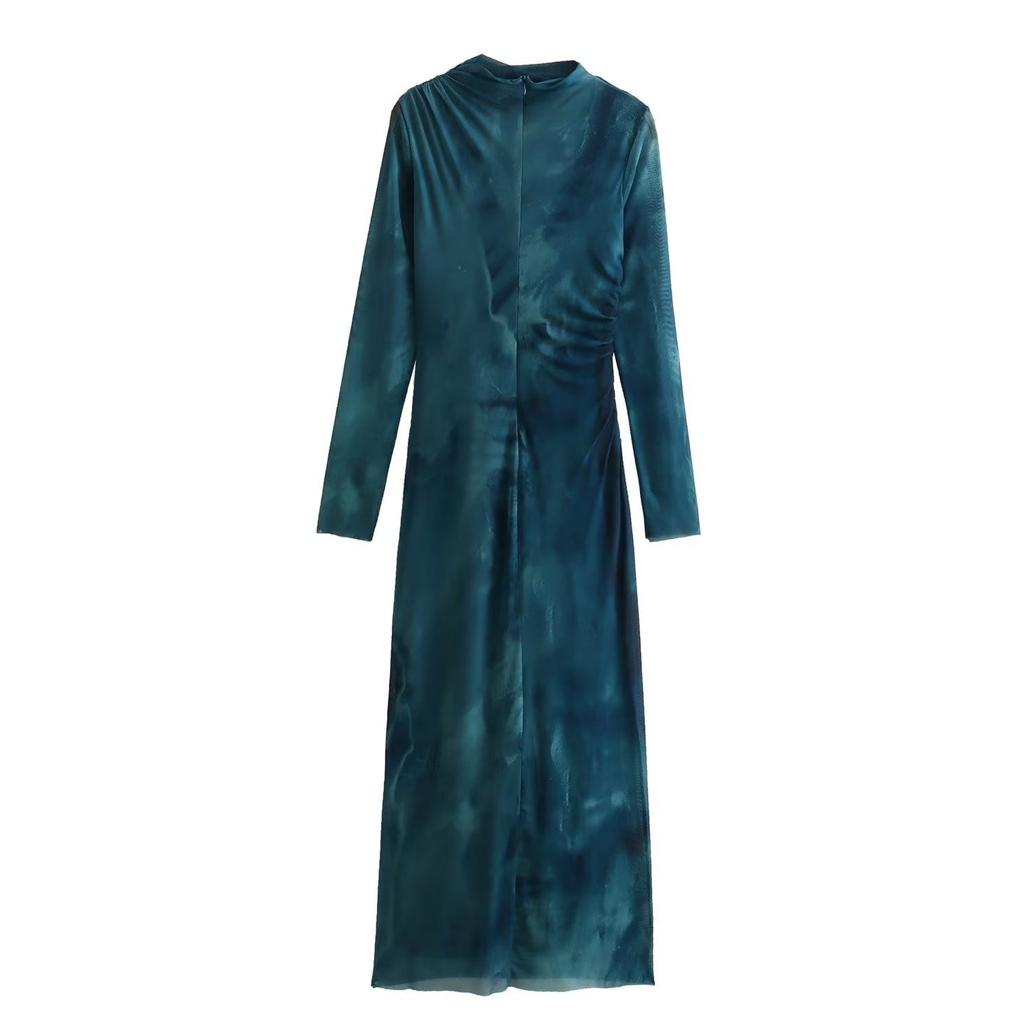 French Silk Net Printed Slim-fit Long Sleeve Dress