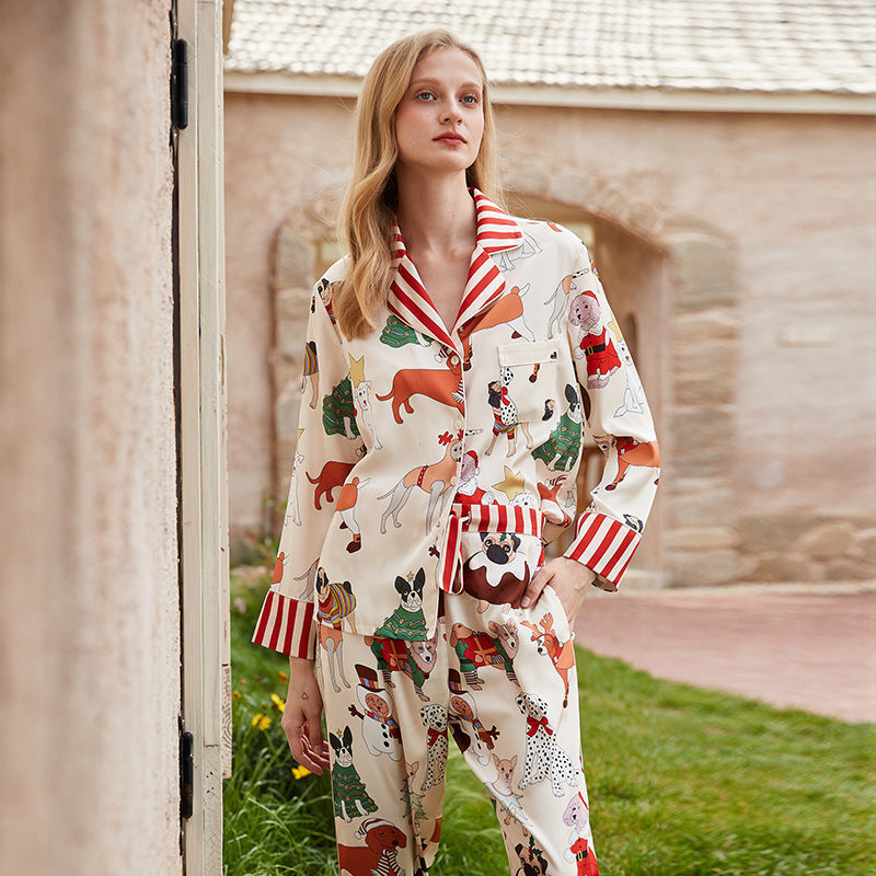 Pajamas Female Spring And Summer Long-sleeved Lapel Silk Cartoon