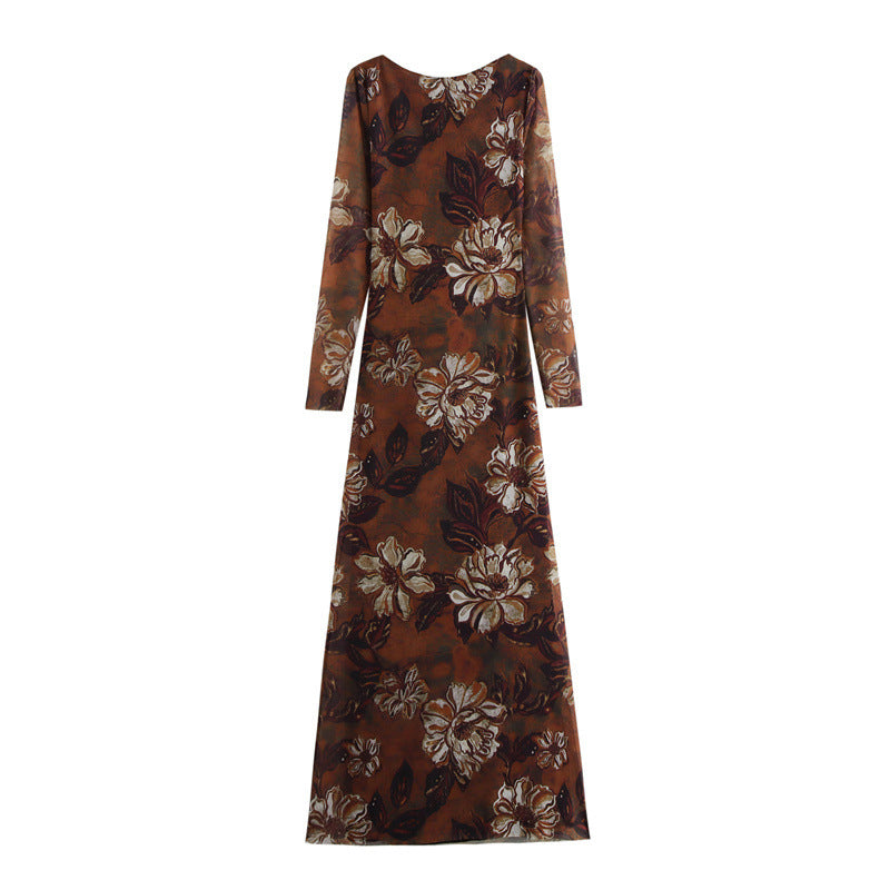 Elegant Long Sleeve Silk Net Printed Dress