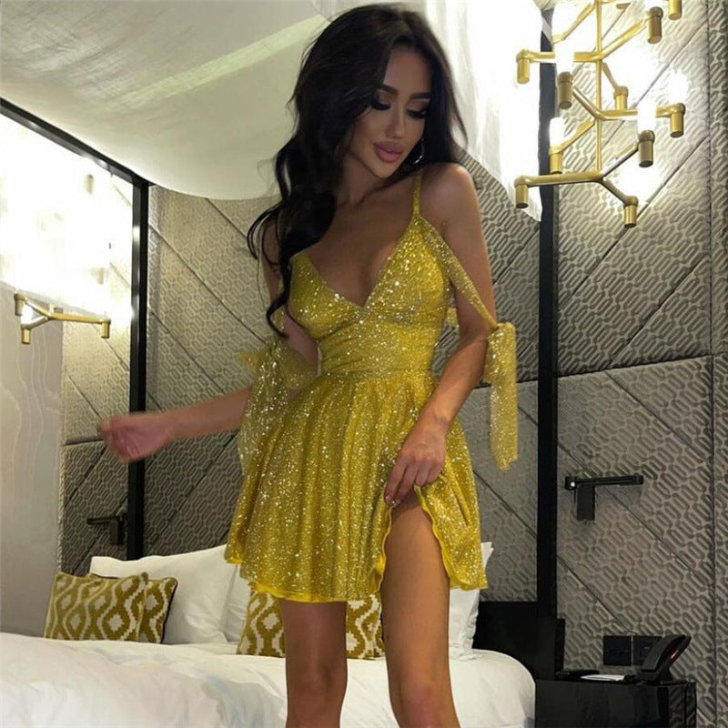 Low Cut Backless Strap Deep V Bright Silk Dress
