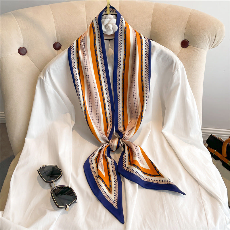 Thin Narrow Long Shirt Scarf Houndstooth Design Double Layer Imitated Silk Scarves Women's Hair Tie