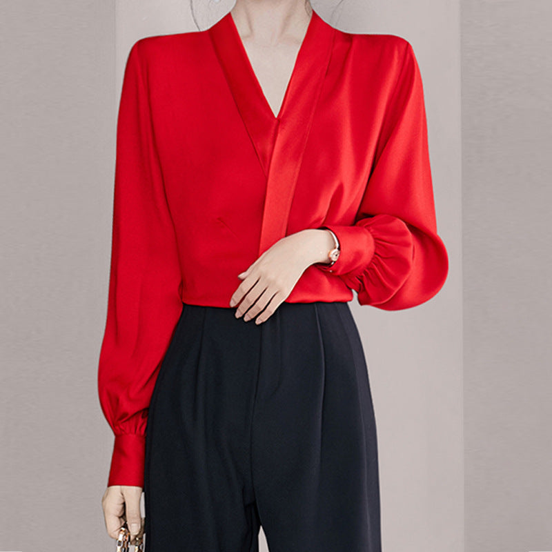Satin Red V-neck Silk Shirt And Chiffon Top