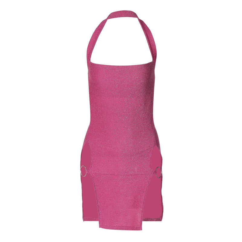 Women's Halter Split Bright Silk Sheath Dress