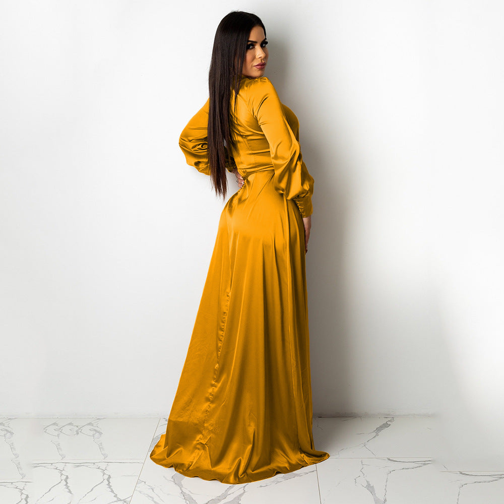 Fashionable V-Neck Silk Face Solid Color Lace Irregular Long Dress