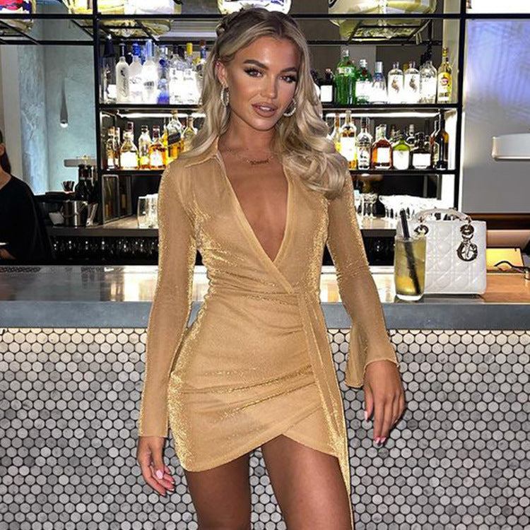 Shiny Gold Silk V-neck Pleated Flared Sleeve Hip Skirt