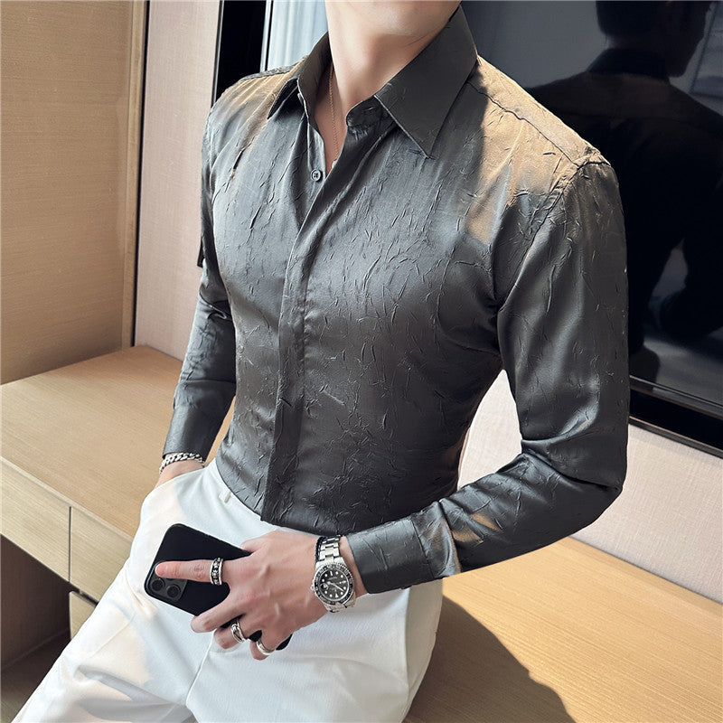 Design Men's Ice Silk Thin Large Texture Long Sleeve Shirt