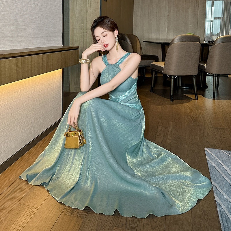French Halter Silk Satin Waist-controlled Large Hem Dress