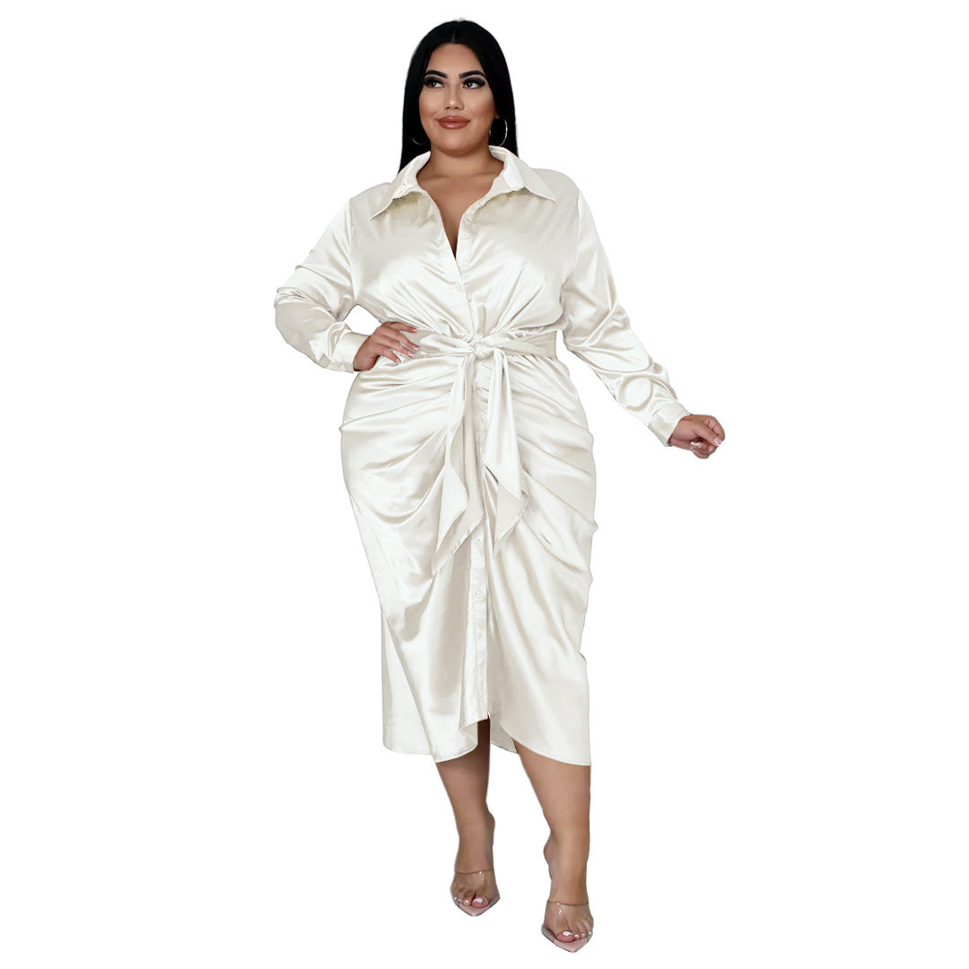 Large Size Women's Reflective Silk Pleated Lace-up Shirt Dress