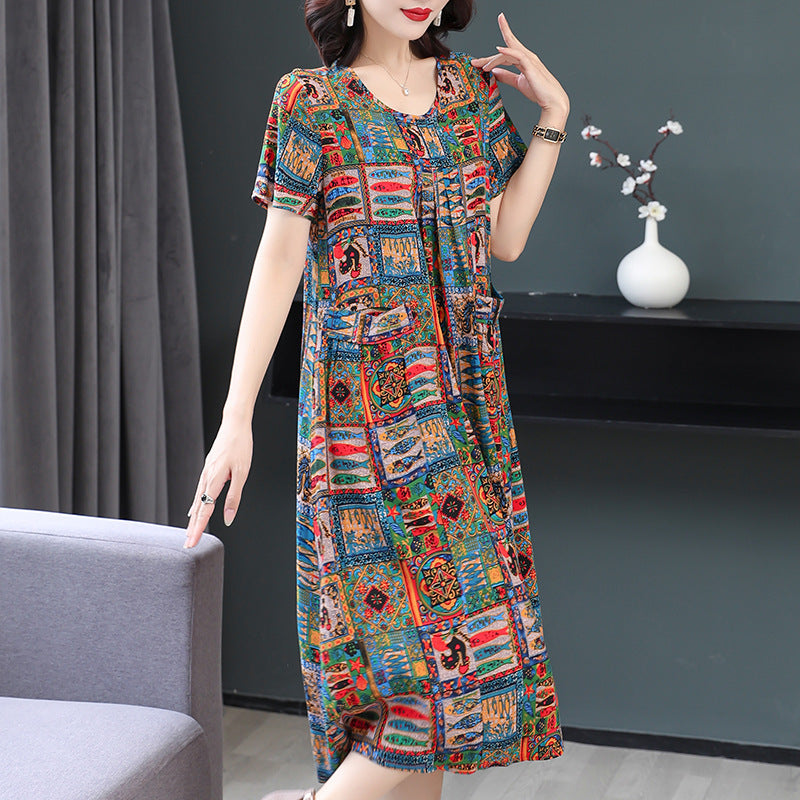 Plus Size Middle-aged And Elderly Cotton Silk Meat-covering Dress