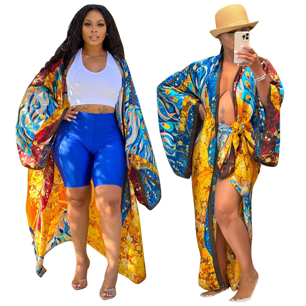 Cardigan Outer Wear Silk Printing Fashion Casual Cloak