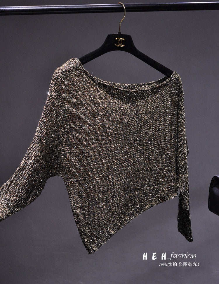 Sequined Slant Shoulder Bright Silk Gold Thread Pullover Top