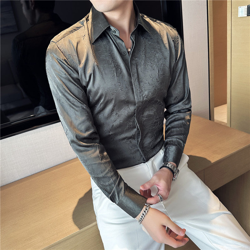 Design Men's Ice Silk Thin Large Texture Long Sleeve Shirt